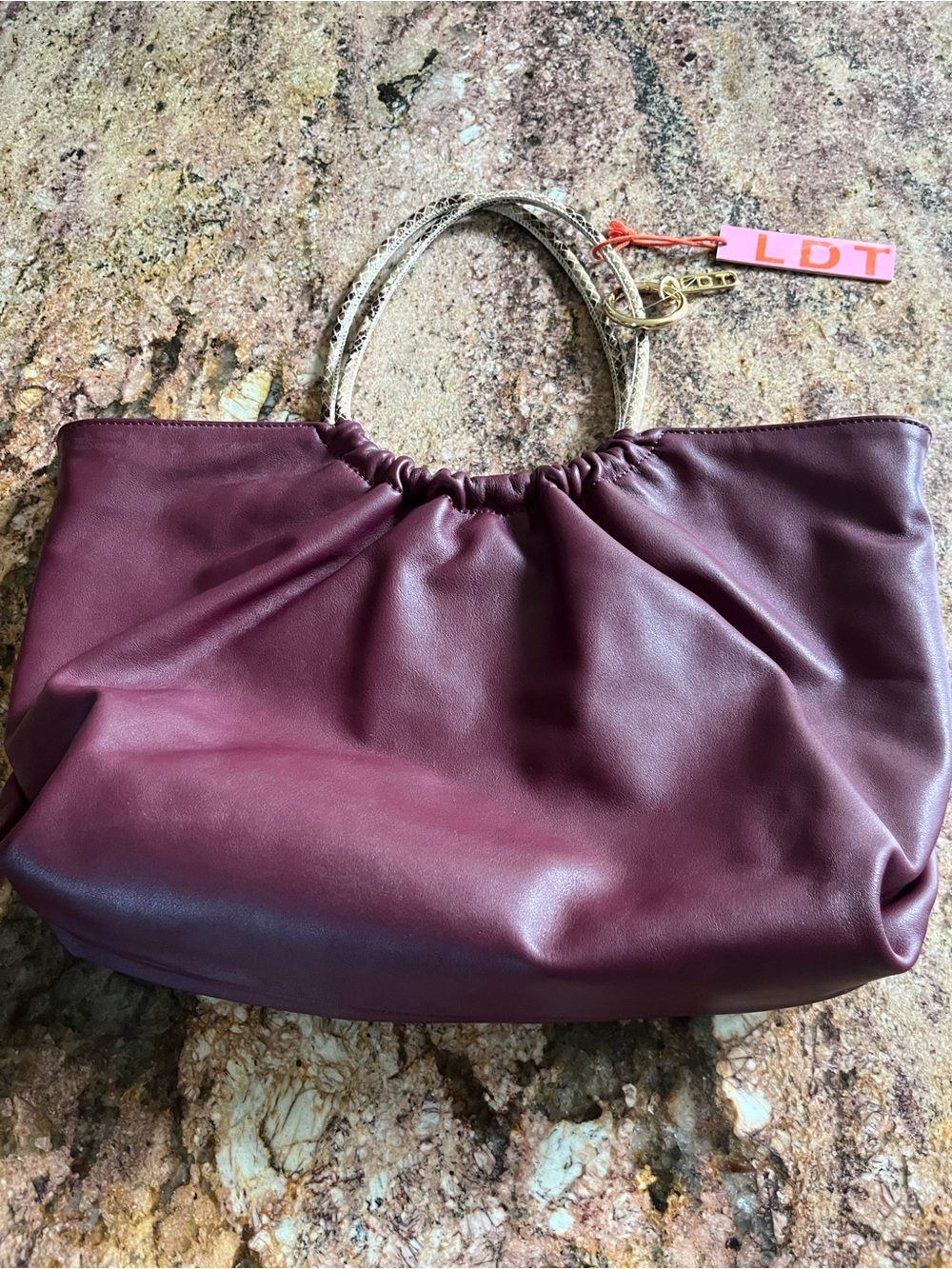 Maroon Leather Tote Bag with Snakeskin Handles